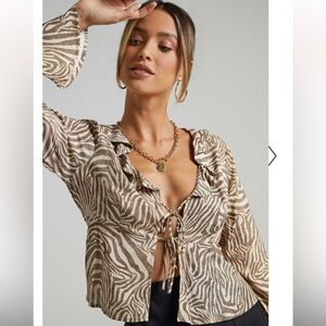 ShowPo dillie top in zebra size 6 or S zebra print tie front blouse brown